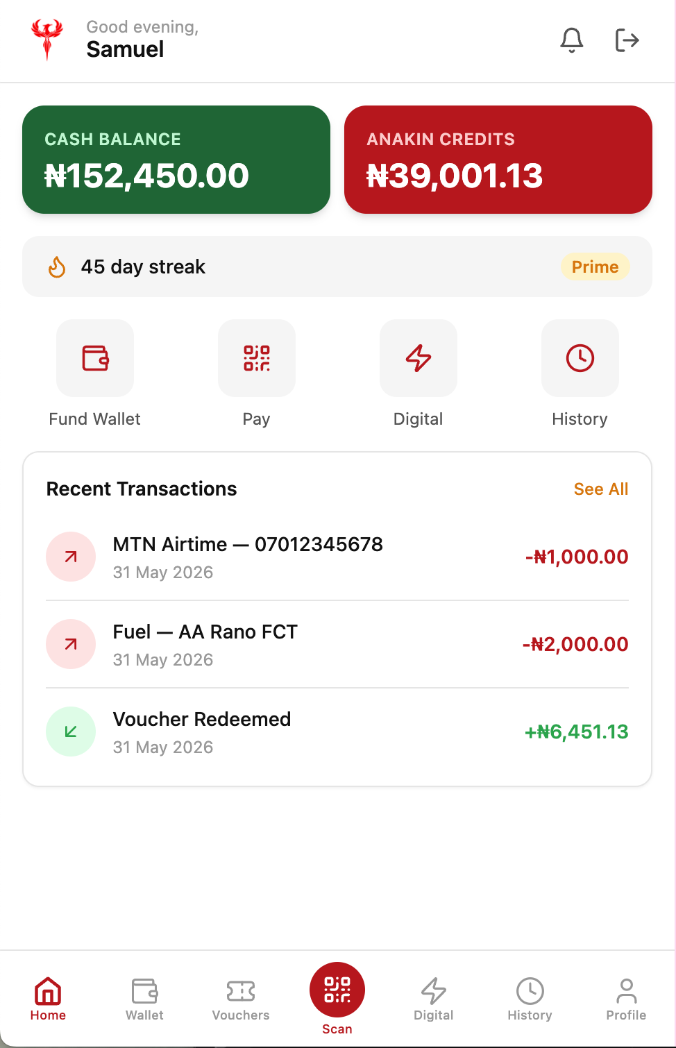 Anakin wallet home screen